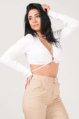 Kadın Ön Bağcıklı Crop Triko Hırka Ekru - 2