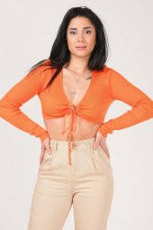 Kadın Ön Bağcıklı Crop Triko Hırka Turuncu - 3