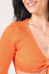 Kadın Ön Bağcıklı Crop Triko Hırka Turuncu - 5
