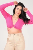 Kadın Ön Bağcıklı Crop Triko Hırka Fuşya - 2