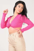 Kadın Ön Bağcıklı Crop Triko Hırka Fuşya - 3