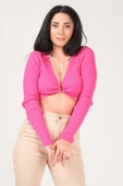 Kadın Ön Bağcıklı Crop Triko Hırka Fuşya - 4
