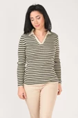 Kadın Polo Yaka Çizgili Triko Kazak Taş - 3
