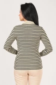 Kadın Polo Yaka Çizgili Triko Kazak Taş - 5
