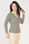 Kadın Polo Yaka Çizgili Triko Kazak Taş - 2