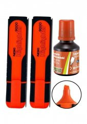 Fosforlu İşaret Kalemi Turuncu Doldurulabilir 2 Adet ve Mürekkebi 30ml 1 Adet Fosforlu Neon Kalem - 1