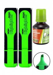 Fosforlu İşaret Kalemi Yeşil Doldurulabilir 2 Adet ve Mürekkebi 30ml 1 Adet Fosforlu Neon Kalem - 1
