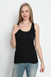 Siyah Kadın Kalın Askılı Dantelli Atlet %100 Pamuklu - 4