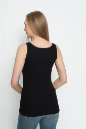 Siyah Kadın Kalın Askılı Dantelli Atlet %100 Pamuklu - 8