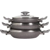 Mehtap Gri 3 lü Granit Sahan Seti Kapaklı 18+20+22 Cm thumbnail 1