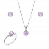 Pembe Zirkon Taşlı 925 Ayar Gümüş Kadın Üçlü Tektaş Set - 1