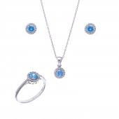 Mavi (Akuamarin) Zirkon Taşlı 925 Ayar Gümüş Kadın Üçlü Tektaş Set - 1