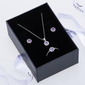 Mor Zirkon Taşlı 925 Ayar Gümüş Kadın Üçlü Tektaş Set - 2