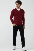 Erkek V Yaka Basic Triko Kazak - Bordo - 2