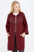 Kadın Taşlı Agraflı Triko Ceket - Bordo - 1