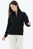 Yarım Balıkçı Yaka  Fermuarlı Yün Triko Kazak - Siyah thumbnail 3