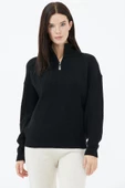 Yarım Balıkçı Yaka  Fermuarlı Yün Triko Kazak - Siyah thumbnail 2
