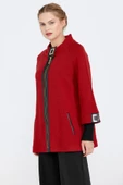 Toka Detaylı Fermuarlı Kadın Triko Ceket - Kırmızı - Siyah thumbnail 2