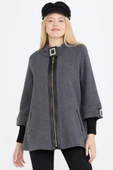 Toka Detaylı Fermuarlı Kadın Triko Ceket - Koyu Gri - Siyah thumbnail 2