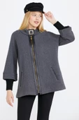 Toka Detaylı Fermuarlı Kadın Triko Ceket - Koyu Gri - Siyah thumbnail 1