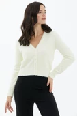 V Yaka Düğmeli Triko Hırka - Kemik thumbnail 2