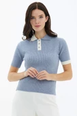Polo Yaka Patlı Düğmeli Kısa Kollu Triko Kazak - Mavi thumbnail 1