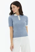 Polo Yaka Patlı Düğmeli Kısa Kollu Triko Kazak - Mavi thumbnail 2