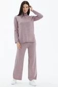 Tam Balıkçı Yaka Kazak Pantolon Triko Takım - Gül - 1