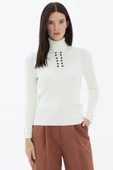 Tam Balıkçı Yaka Düğmeli Triko Kazak - Kemik thumbnail 1