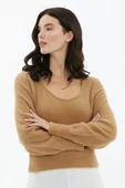 Açık Yaka Yumoş Triko Kazak - Kamel thumbnail 2