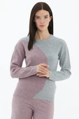 Sıfır Yaka  İki Renkli Triko Kazak - Açık Gri - Gül thumbnail 2