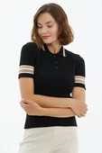 Polo Yaka Düğmeli Kısa Kol Triko Kazak - Siyah thumbnail 2