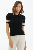 Polo Yaka Düğmeli Kısa Kol Triko Kazak - Siyah thumbnail 3