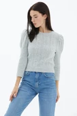 Balon Kol Saç Örgülü Triko Kazak - Gri thumbnail 1