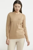 Sıfır Yaka Cepli Düğmeli Triko Kazak - Bej thumbnail 3