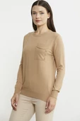 Sıfır Yaka Cepli Düğmeli Triko Kazak - Bej thumbnail 4