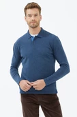 Polo Yaka Patlı  Düğmeli Triko Kazak - Indigo - 1