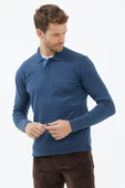 Polo Yaka Patlı  Düğmeli Triko Kazak - Indigo - 2