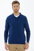 Polo Yaka Düğmeli Triko Kazak - Lacivert - 2