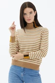 Tam Balıkçı Yaka Çizgili Triko Kazak - Kamel thumbnail 3