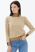 Tam Balıkçı Yaka Çizgili Triko Kazak - Kamel thumbnail 2
