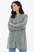 Kapüşonlu Fermuarlı Pullu Triko Hırka - Gri thumbnail 3