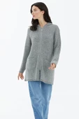 Kapüşonlu Fermuarlı Pullu Triko Hırka - Gri thumbnail 2