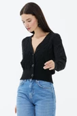 V Yaka Düğmeli Saç Örgülü Triko Hırka - Siyah thumbnail 3