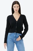 V Yaka Düğmeli Saç Örgülü Triko Hırka - Siyah thumbnail 2