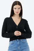 V Yaka Düğmeli Saç Örgülü Triko Hırka - Siyah thumbnail 1