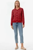 İnci Düğmeli Çiçek Desenli Triko Hırka - Kırmızı thumbnail 2