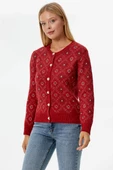 İnci Düğmeli Çiçek Desenli Triko Hırka - Kırmızı thumbnail 3