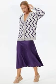 Geometrik Desenli Triko Hırka - Kemik- Mor thumbnail 4