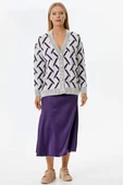 Geometrik Desenli Triko Hırka - Kemik- Mor thumbnail 1